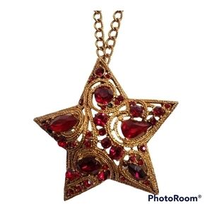 Vintage La Roca Ruby Red Star Brooch Pendant Necklace Gold Alloy Huge